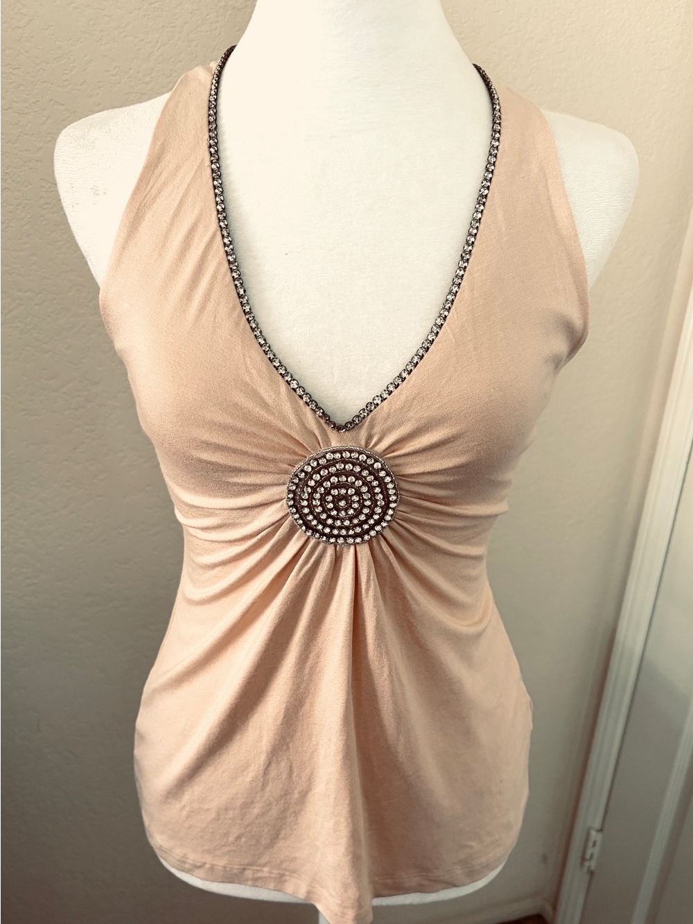 Bebe Women’s Rhinestone-Trim Halter Tank Top in Almond Color